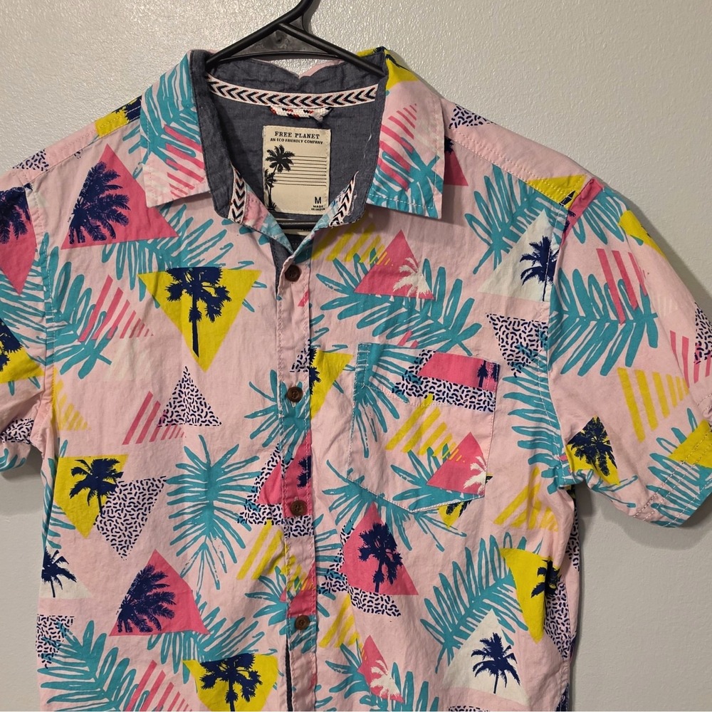 Free Planet Men's Woven Cotton Button-Up Geometric Tropical Pockets M Pink #358